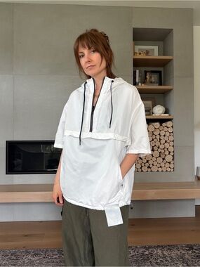 Lightweight linen blend White Hooded activewear Pullover jacket